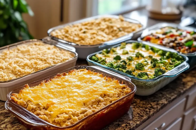 A variety of baked casserole dishes arranged on a kitchen counter, featuring toppings such as cheese, broccoli, and mixed vegetables.