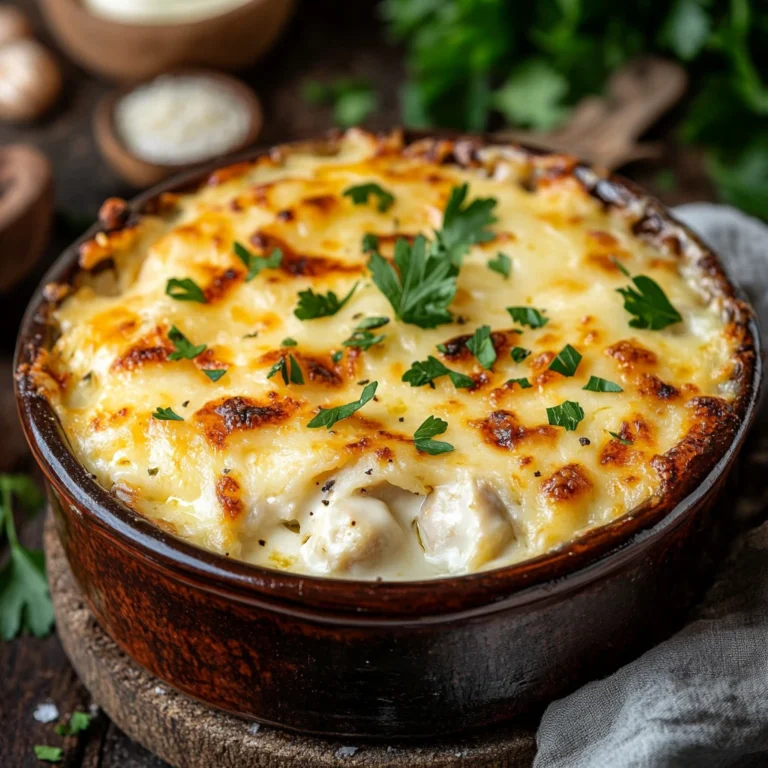 A keto chicken casserole baked to perfection in a ceramic dish, topped with melted golden cheese and garnished with fresh parsley.