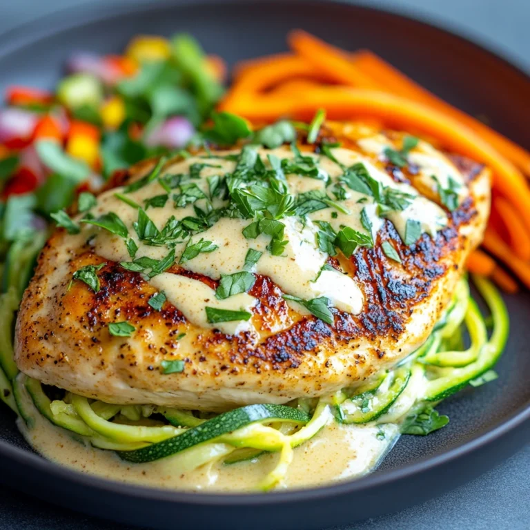 A perfectly seared keto chicken breast topped with creamy garlic butter sauce, garnished with fresh herbs, and paired with zucchini noodles and colorful vegetables.