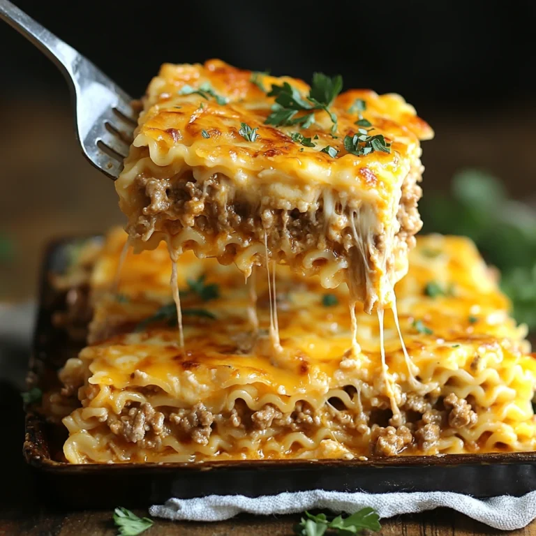 "Golden, cheesy ramen lasagna with ground beef served in a baking dish, with a slice being lifted to reveal layers of noodles, beef, and sauce."