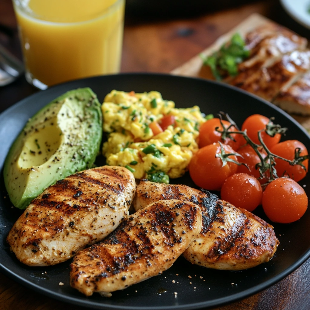 "Healthy breakfast with grilled chicken breast, scrambled eggs, avocado toast, and cherry tomatoes on a wooden table."