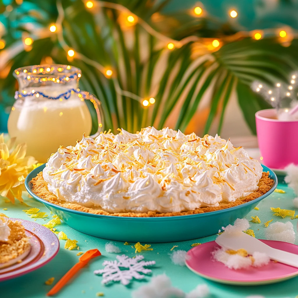 A festive scene showcasing the mile-high coconut meringue pie in both summer and winter settings. On one side, a summer vibe with tropical decorations: palm leaves, a pitcher of lemonade, and colorful plates. On the other side, a cozy winter setup with fairy lights, a cup of hot cocoa, and snowflake decorations. The pie remains the centerpiece, blending seamlessly into both themes.