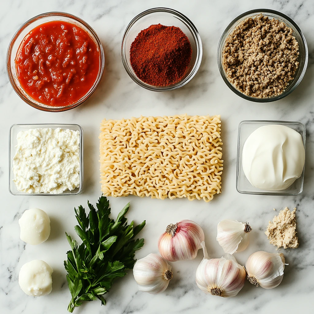 A flat-lay shot of the ingredients for ramen lasagna, including ramen noodles, ground beef, marinara sauce, mozzarella cheese, ricotta, parmesan, garlic, onion, and spices. Arrange the items neatly on a clean countertop.