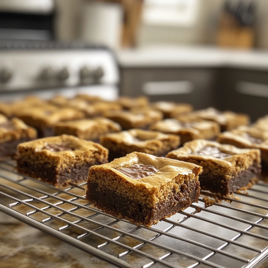 "A freshly baked tray of cookie brownies cooling on a wire rack, with a perfectly golden cookie layer on top and gooey chocolate brownie peeking through, set against a backdrop of a cozy kitchen."