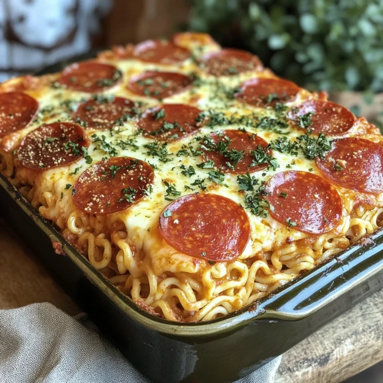 "Close-up of a baked ramen lasagna with pepperoni, topped with golden melted cheese and fresh parsley."