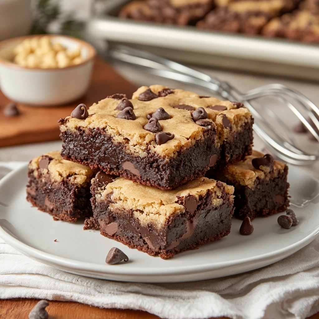 A platter of brookies with a rich brownie base and golden cookie dough topping, displayed in a cozy kitchen setting.
