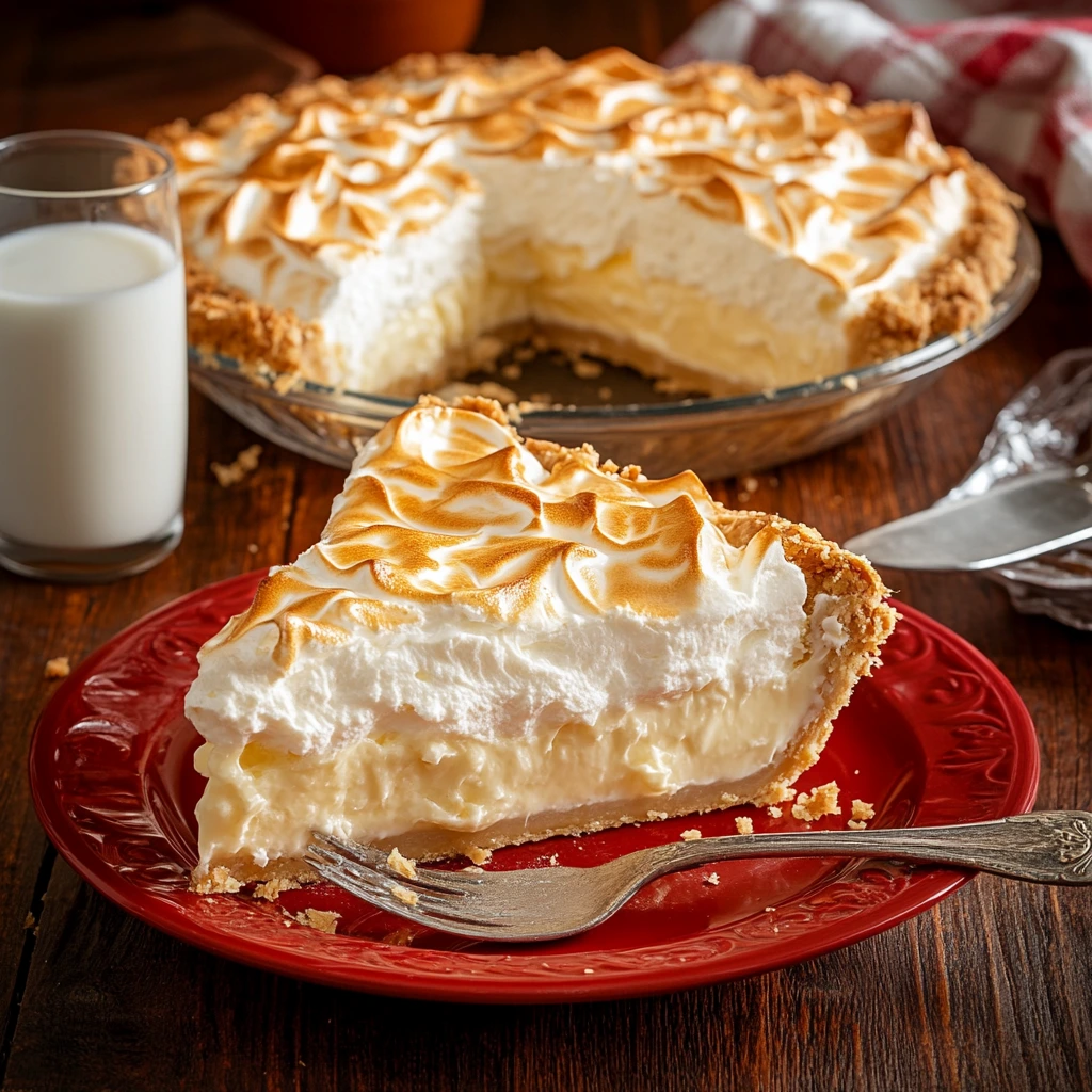 A neatly sliced coconut cream pie with golden meringue topping on a white dessert plate, surrounded by a fork, glass of milk, and a pie server, with the remaining pie in a glass dish in the background, partially covered with plastic wrap. Betty Crocker Coconut Cream Pie with Meringue