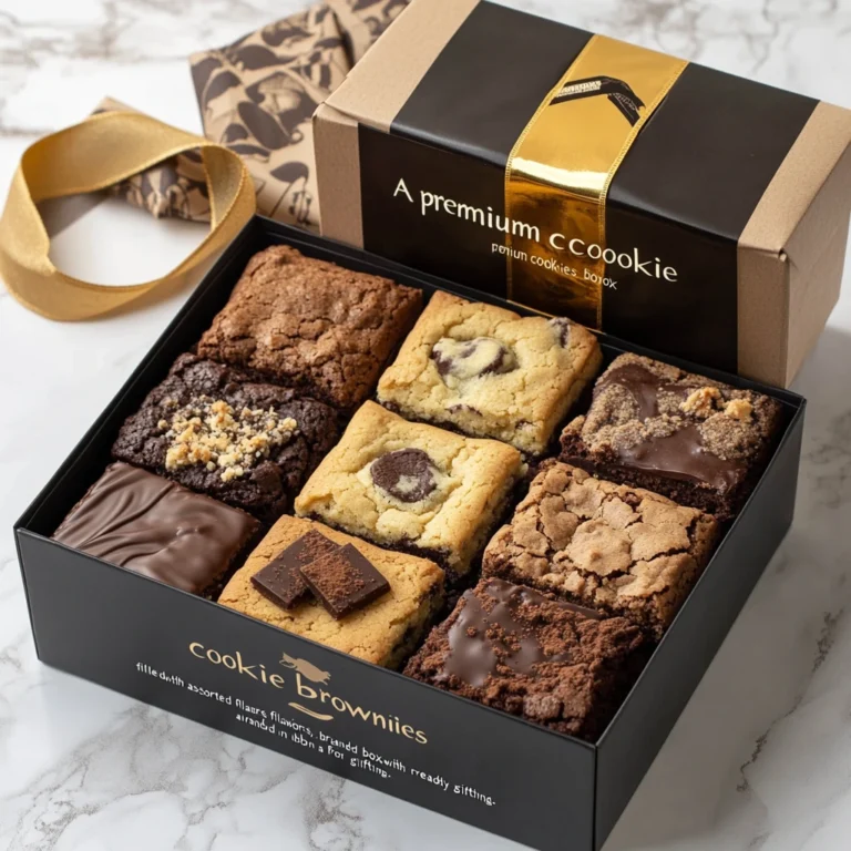 A premium cookie brownie gift box containing an assortment of gourmet cookies and brownies in various flavors and textures, elegantly packaged with a golden ribbon.
