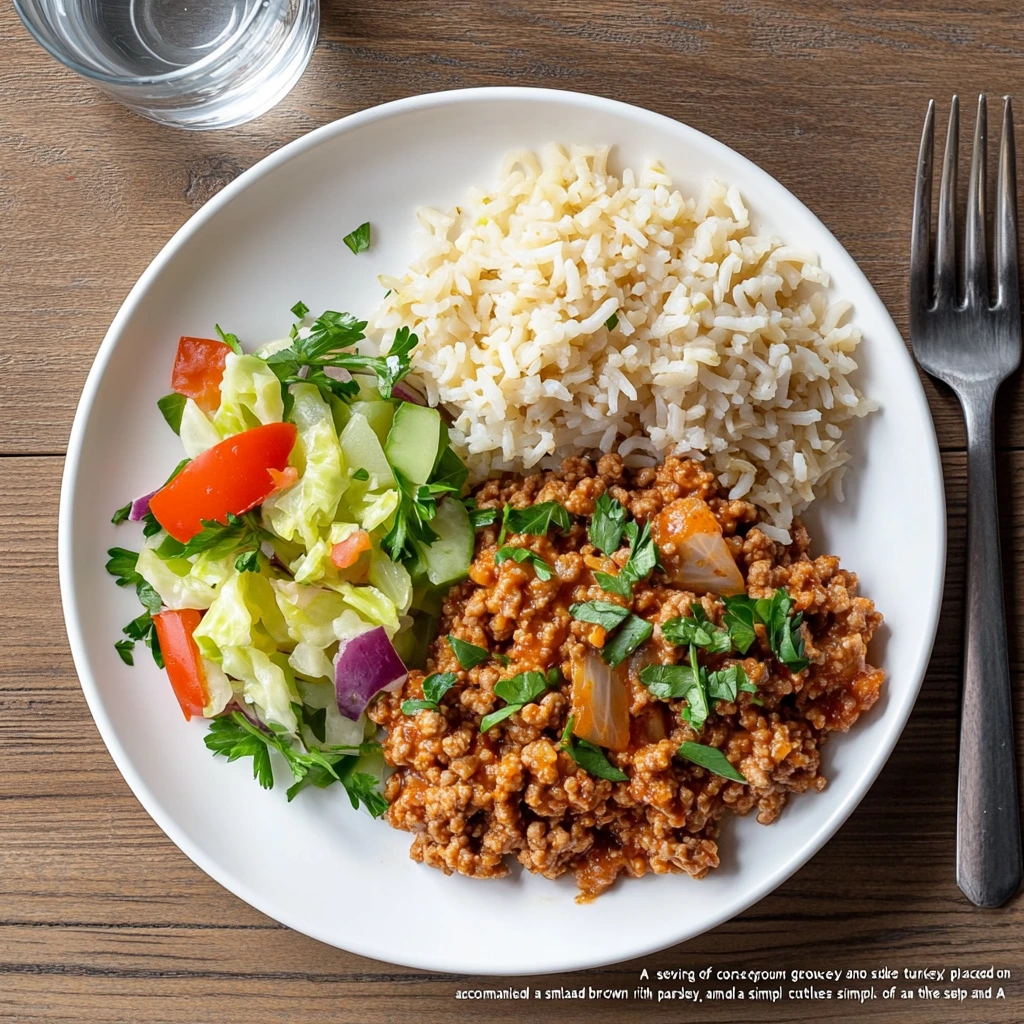 A serving of cooked ground turkey and cabbage placed on a white plate, accompanied by a side of steamed brown rice and a small bowl of fresh garden salad. The dish is garnished with parsley, and the setup includes simple cutlery and a glass of water on a wooden dining table."