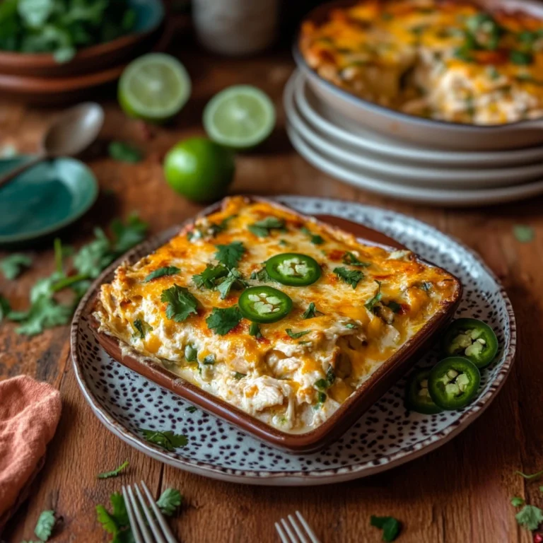 Freshly baked Keto Mexican Chicken Casserole topped with golden melted cheese, garnished with cilantro and jalapeños, styled with keto-friendly ingredients on a wooden table.
