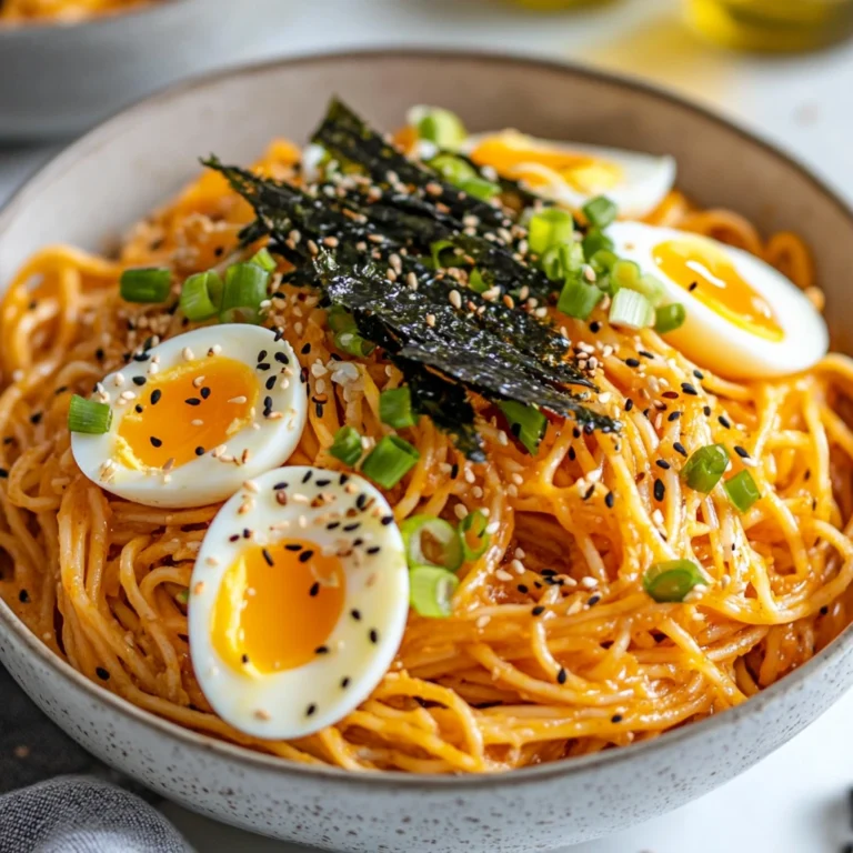 A close-up of creamy noodles topped with soft-boiled eggs, sesame seeds, nori seaweed, and chopped green onions in a ceramic bowl. What pasta is best for ramen