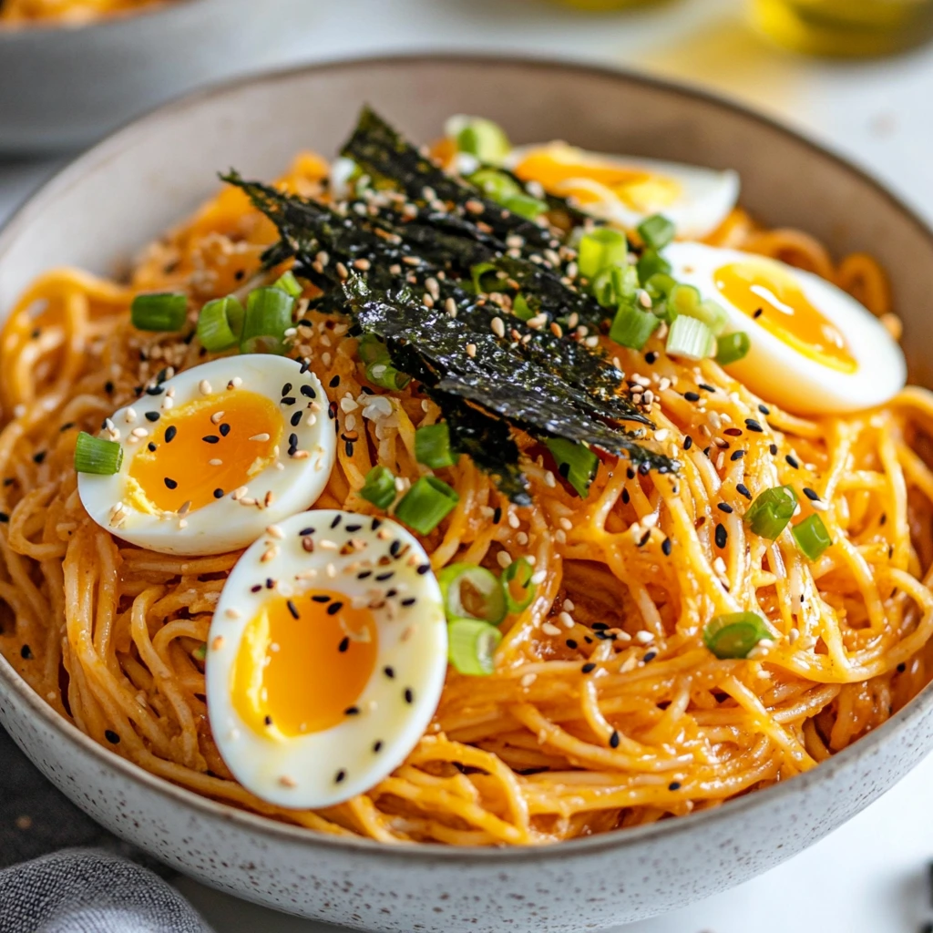 A close-up of creamy noodles topped with soft-boiled eggs, sesame seeds, nori seaweed, and chopped green onions in a ceramic bowl. What pasta is best for ramen