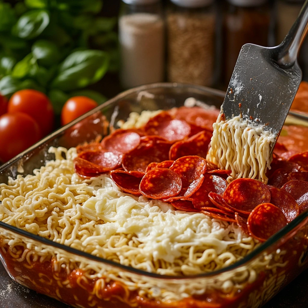 A vibrant Ramen Lasagna Recipe with Pepperoni, marinara sauce, shredded mozzarella cheese, and pepperoni slices into a glass baking dish, with fresh ingredients and kitchen tools in the background."