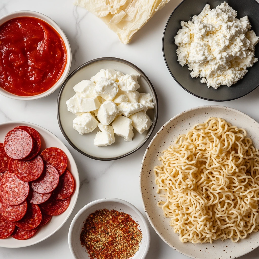 An overhead view of the ingredients for ramen lasagna with pepperoni arranged neatly: dry ramen noodles, sliced pepperoni, mozzarella and ricotta cheese, marinara sauce, and Italian seasoning, on a white marble countertop.