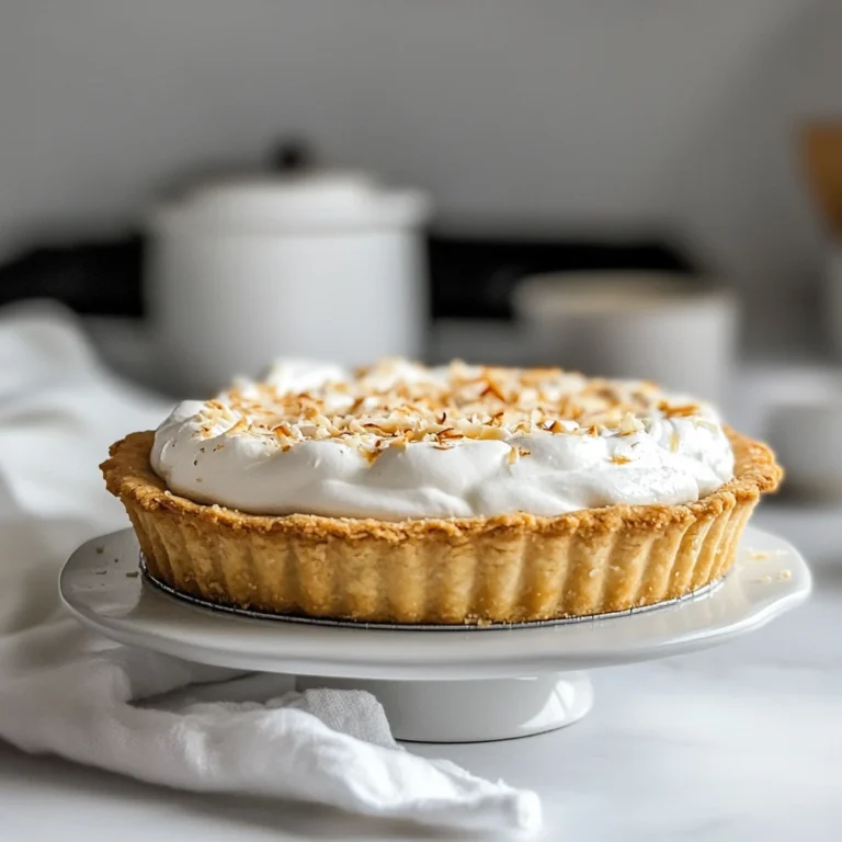 A freshly baked coconut cream pie topped with whipped cream and toasted coconut flakes, placed on a white ceramic stand.