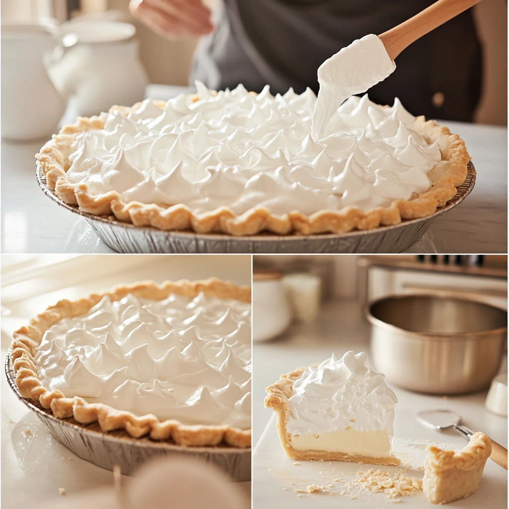 A visually appealing image showing the process of making a mile-high coconut meringue pie. Depict a clean kitchen countertop with the stages of preparation: a rolling pin and pie crust in the foreground, coconut custard being poured into the crust, and whipped meringue being spread with a spatula. Include vibrant lighting with a golden-brown meringue pie fresh out of the oven in the background.