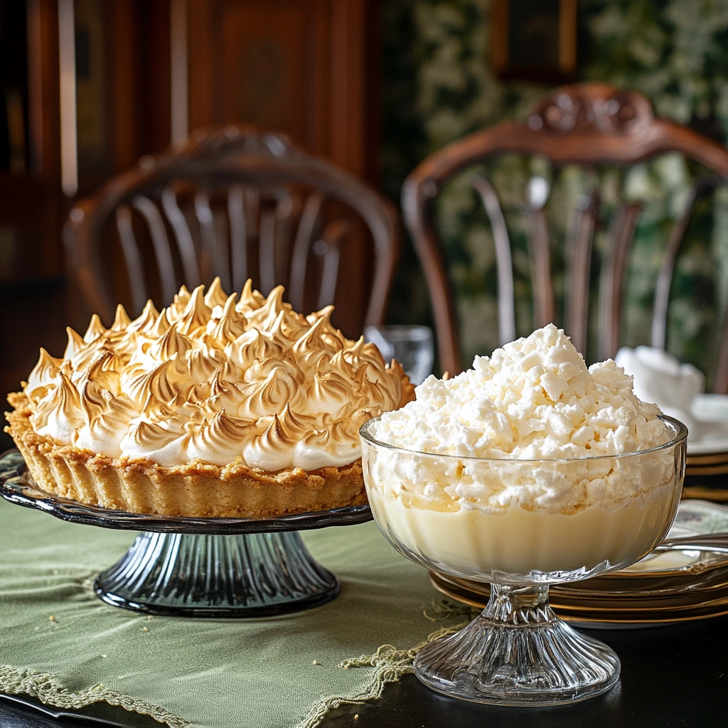 A coconut cream pie topped with whipped cream and toasted coconut flakes, accompanied by a bowl of creamy coconut dessert.