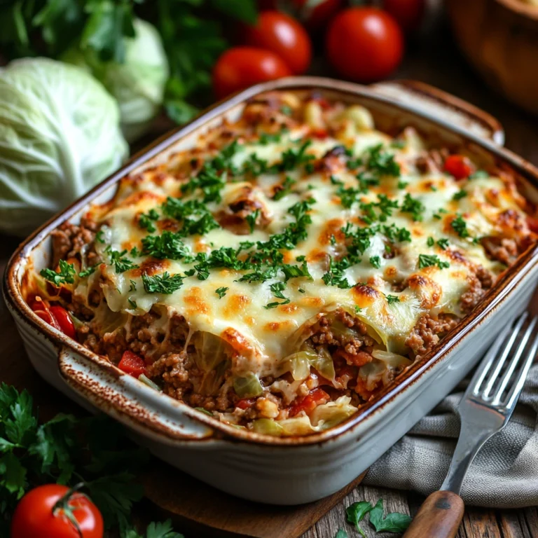 Easy Ground Turkey Cabbage Casserole Recipes baked with cheese, served in a rustic dish with fresh vegetables on the side.