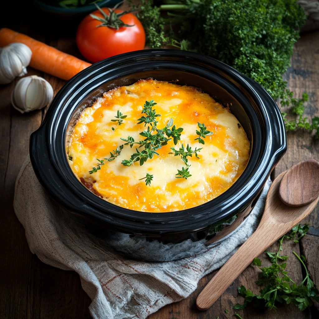 Warm crock pot casserole with cheese and vegetables on a rustic table.