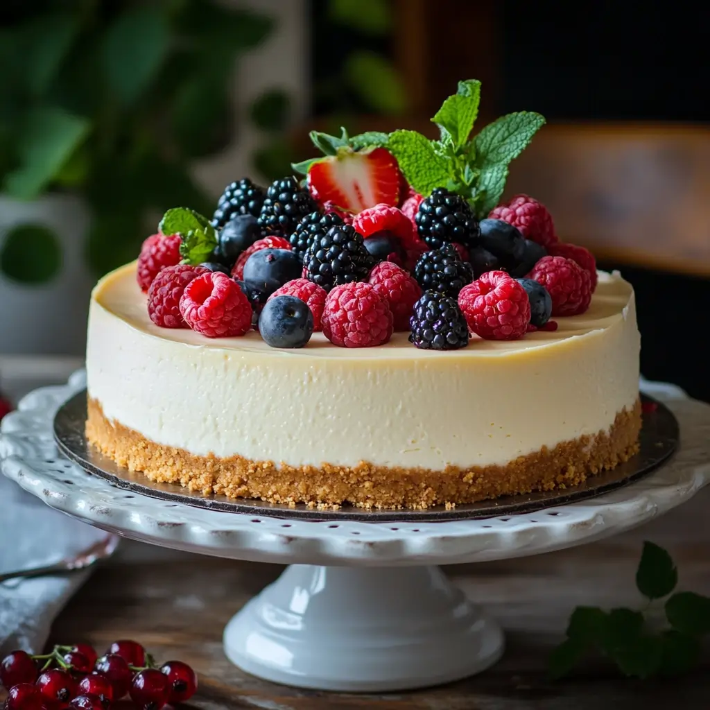 A James Martin-inspired cheesecake topped with fresh berries and a drizzle of berry sauce.