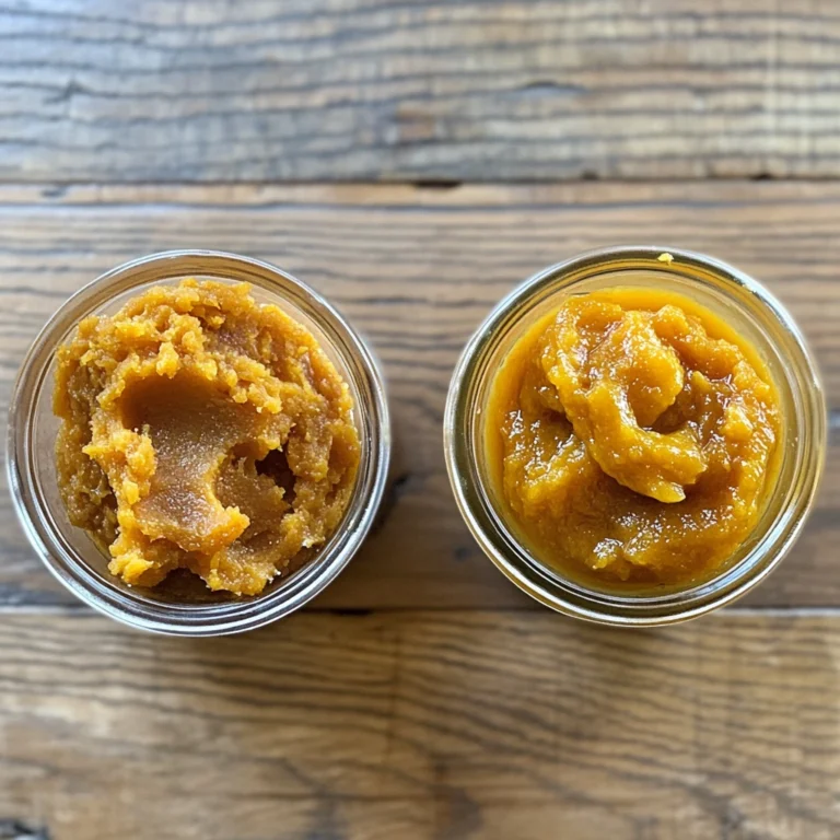 Side-by-side comparison of canned pumpkin pie filling and pumpkin puree in bowls.