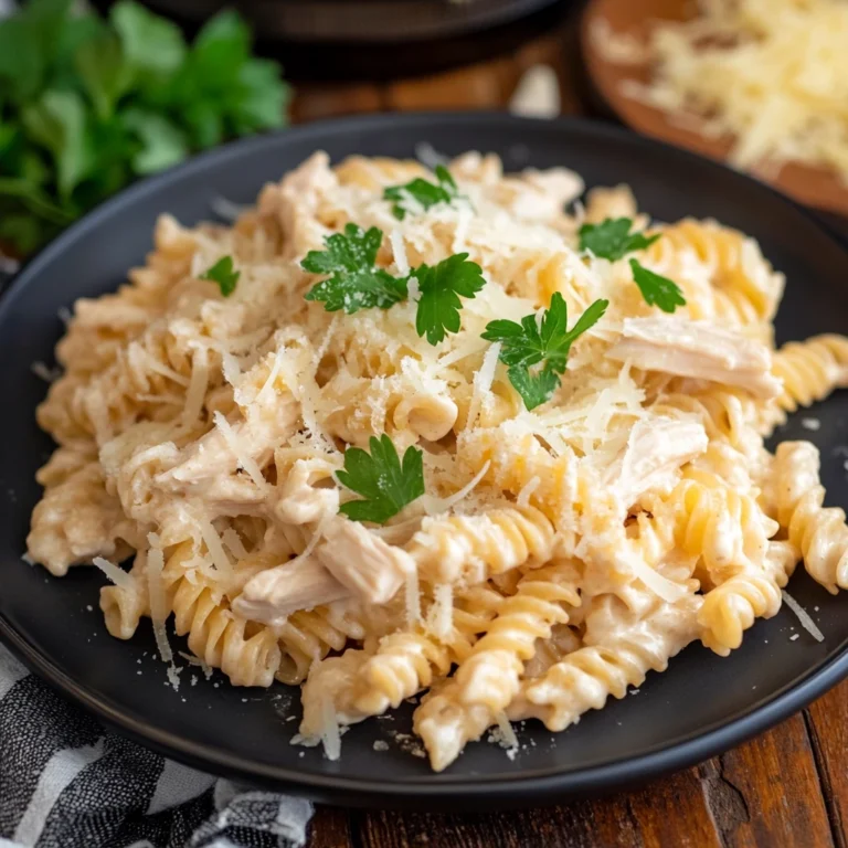 "A plate of Crockpot Creamy Chicken Pasta garnished with parsley and parmesan, served with garlic bread and a glass of white wine on a rustic wooden table."
