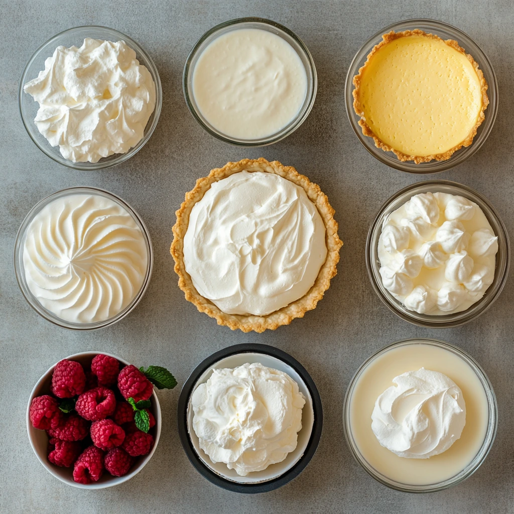 A side-by-side display of cream pie and cheesecake ingredients, including cream, eggs, and cream cheese.