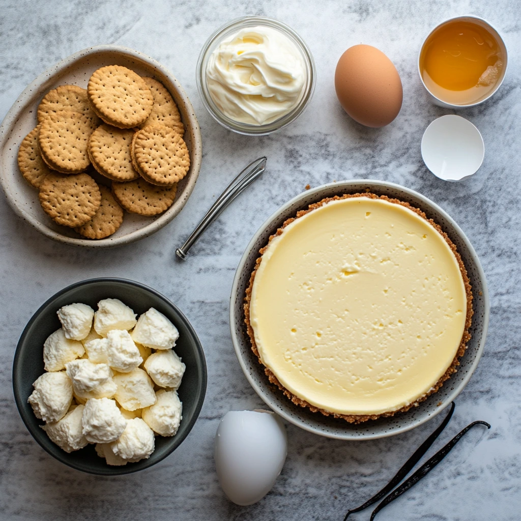 Ingredients for a James Martin cheesecake, including cream cheese, eggs, vanilla, and biscuits, arranged on a wooden table.