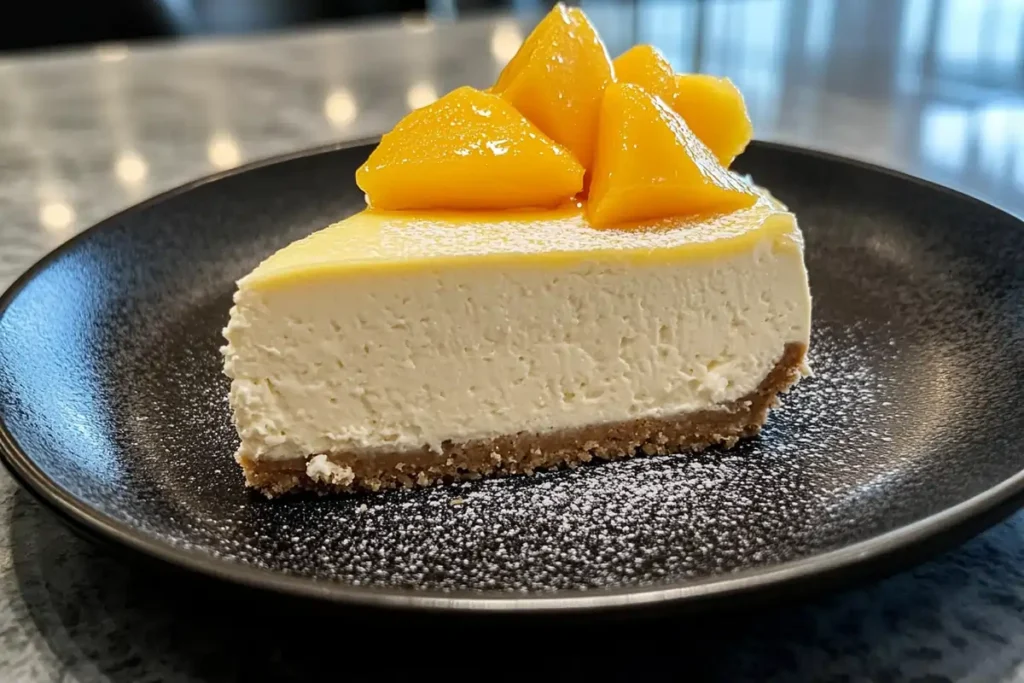 No-Bake Cheesecake with mango, posed on a beautiful black plate.