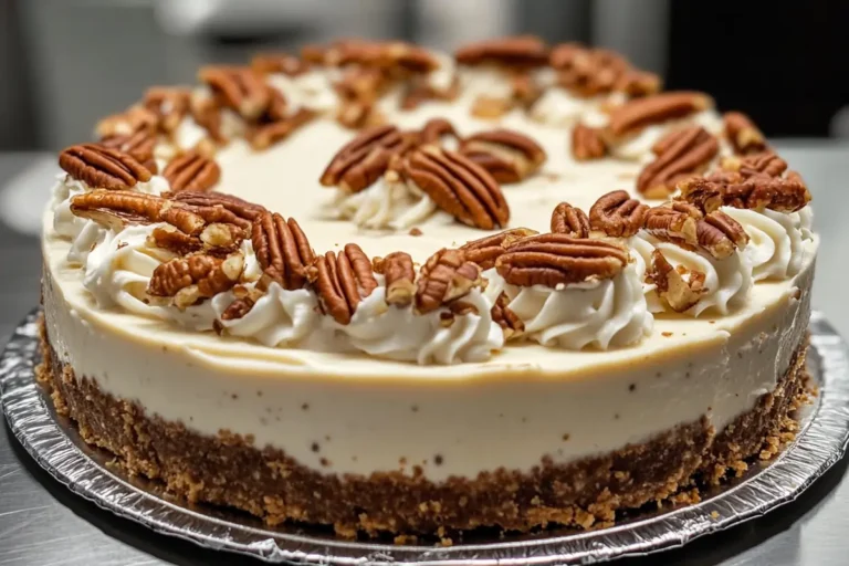 A creamy cheesecake topped with whipped cream swirls and whole pecans, sitting on a graham cracker crust and displayed on a silver platter.
