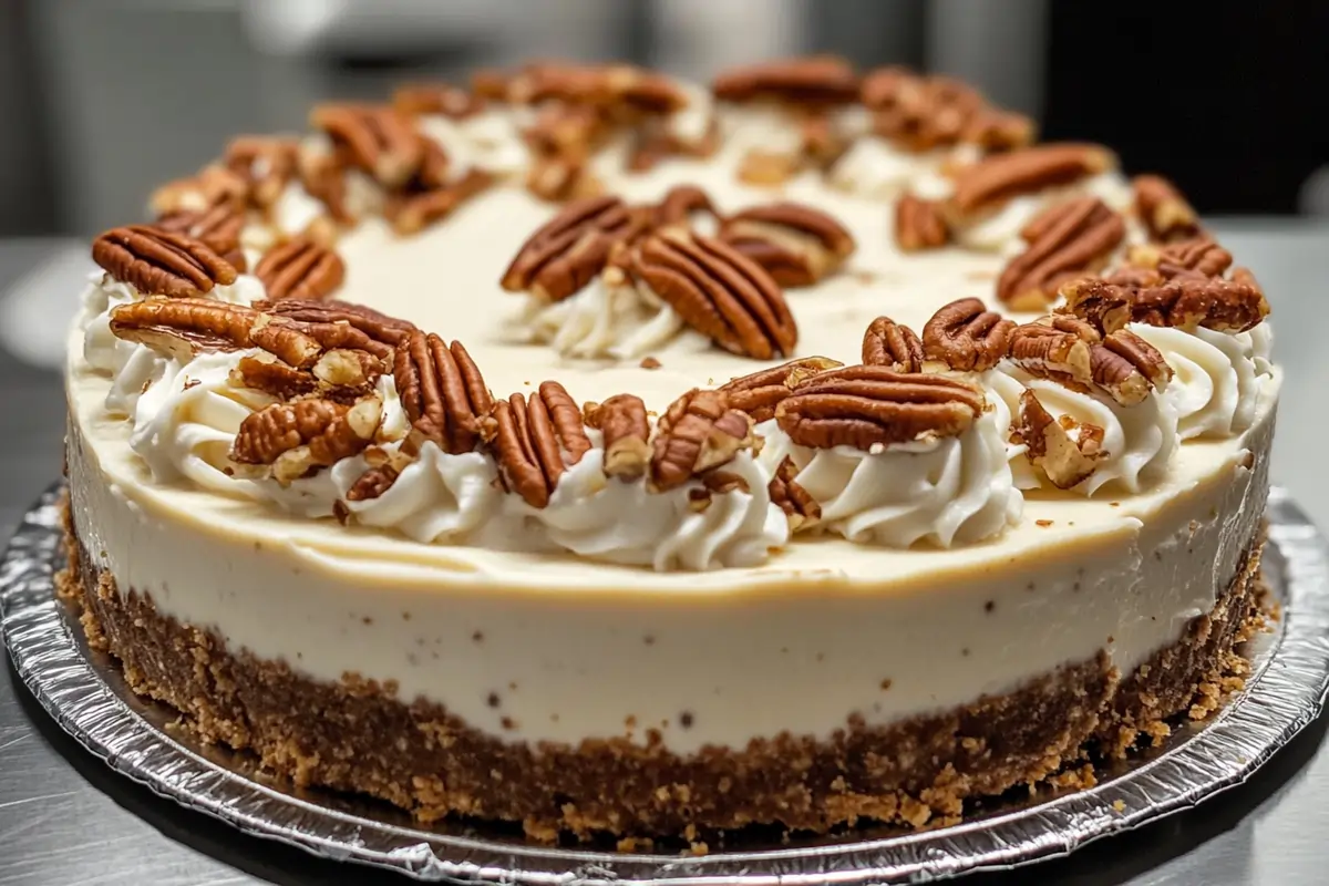 A creamy cheesecake topped with whipped cream swirls and whole pecans, sitting on a graham cracker crust and displayed on a silver platter.