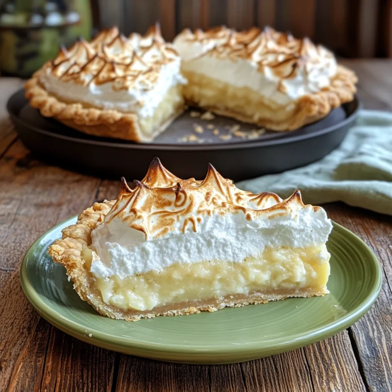 A beautifully styled mile-high coconut meringue pie with golden toasted peaks, creamy coconut filling, and a flaky crust on a marble countertop.