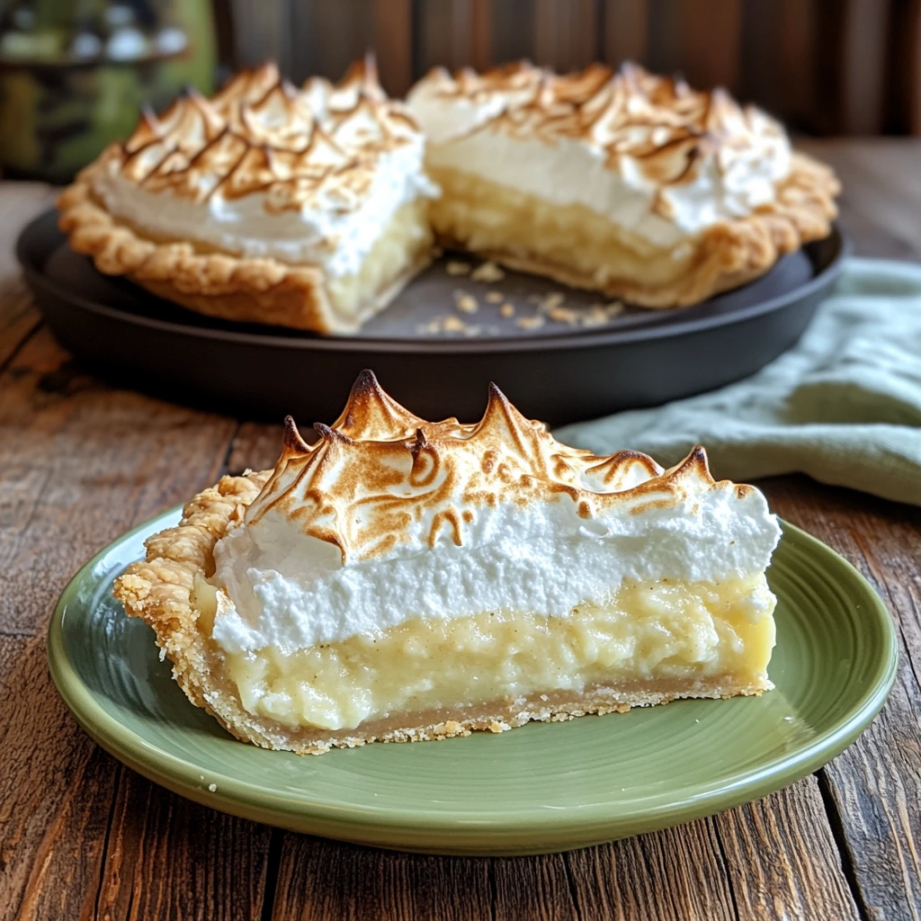 A beautifully styled mile-high coconut meringue pie with golden toasted peaks, creamy coconut filling, and a flaky crust on a marble countertop.