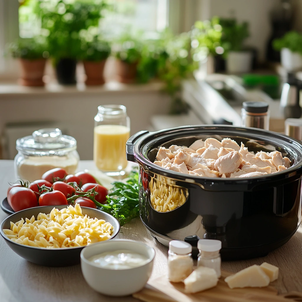 A Slow Cooker Creamy Chicken Pasta on a kitchen counter surrounded by fresh ingredients, including tomatoes, pasta, cream, cheese, and herbs, with a sunlit background of potted plants.