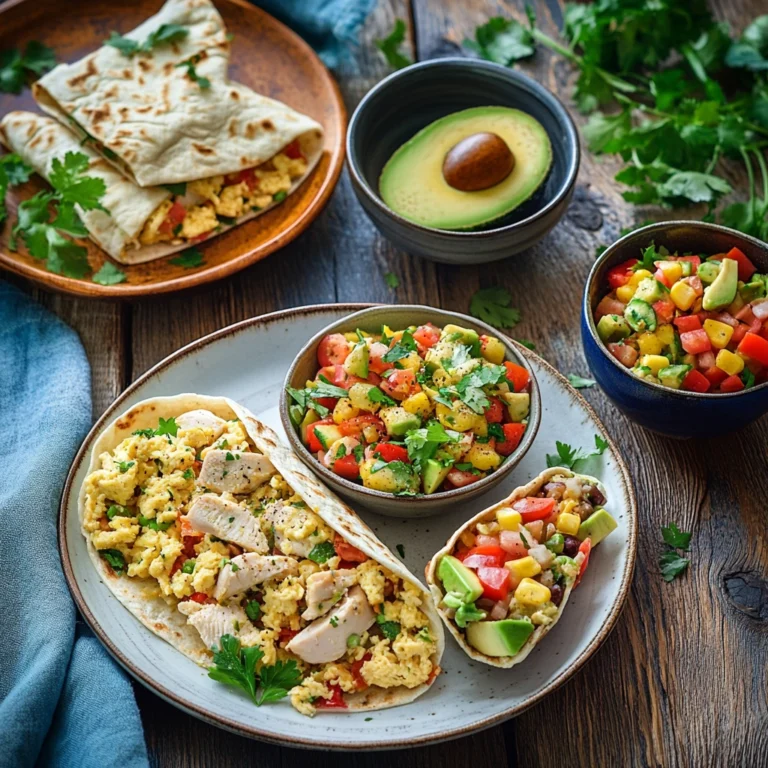 A variety of chicken breakfast recipes including scrambled eggs with chicken, a chicken and vegetable wrap, and a chicken breakfast bowl with avocado, served with coffee and fresh herbs.