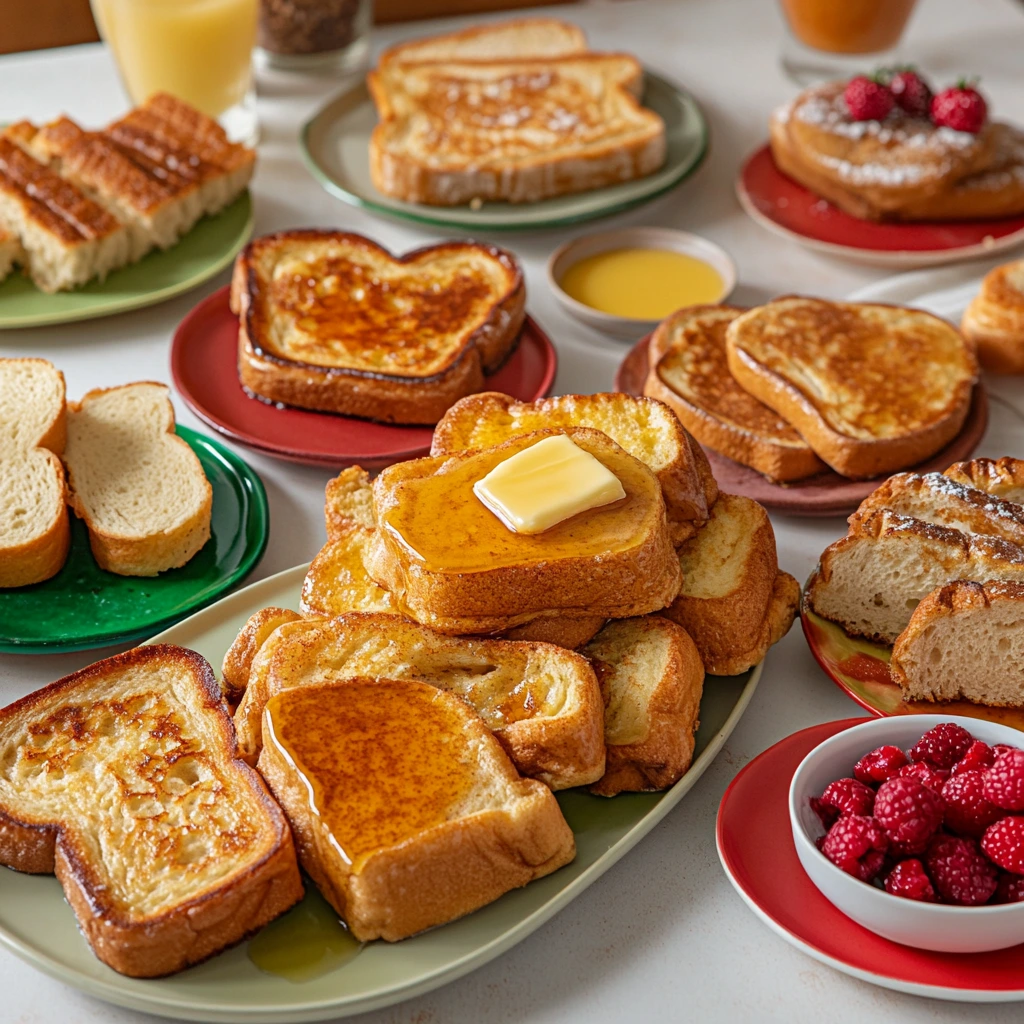 A table full of golden-brown French toast slices topped with butter, maple syrup, powdered sugar, and fresh raspberries, alongside plates of bread and drinks.