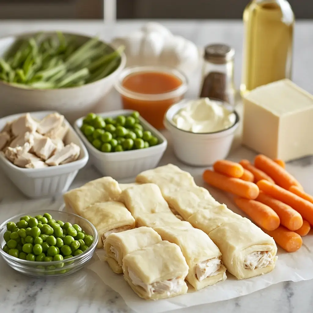 A beautifully arranged set of ingredients for a chicken pot pie recipe with crescent rolls and cream cheese.