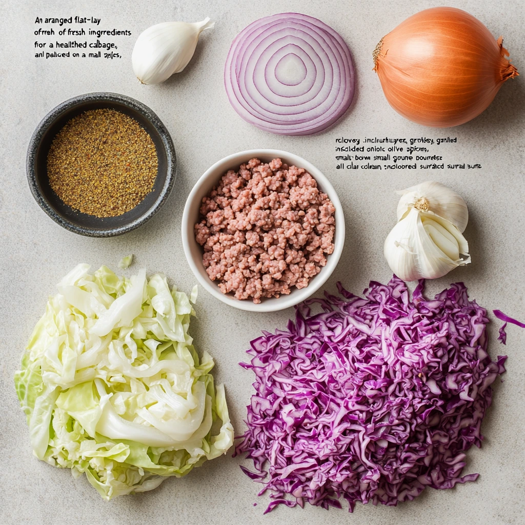 "An arranged flat-lay of fresh ingredients for a healthy ground turkey and cabbage recipe, including ground turkey, shredded cabbage, garlic cloves, a halved onion, olive oil in a small bowl, and simple spices, all placed on a clean, neutral-colored surface."