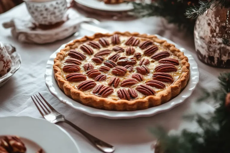 A beautifully baked pecan pie with a golden crust, topped with neatly arranged whole pecans, set on a white plate on a festive table.