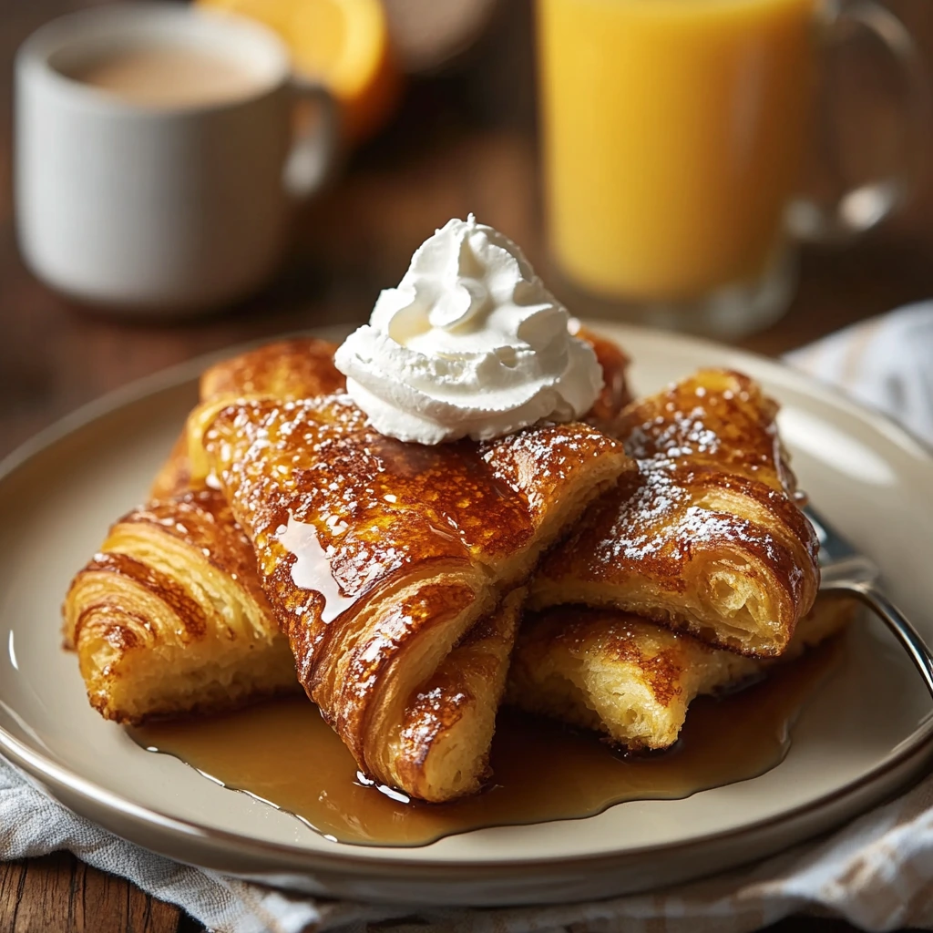 A plate of golden-brown croissants drizzled with syrup, topped with whipped cream, and dusted with powdered sugar, served with a cup of coffee and a glass of orange juice in the background.