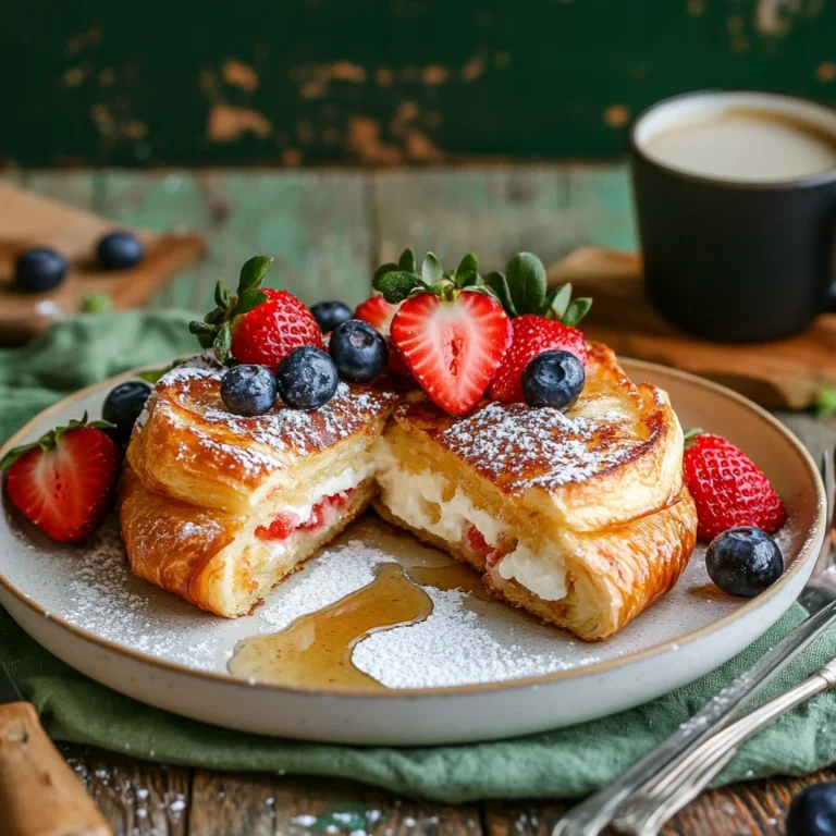 "Golden stuffed croissant French toast topped with fresh berries, powdered sugar, and maple syrup on a white plate, served on a rustic wooden table."