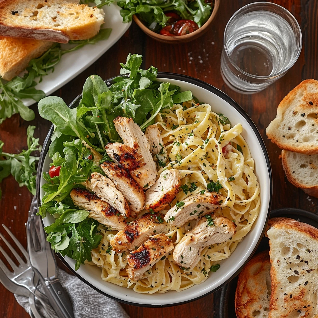 "A dinner table featuring chicken pasta, a green salad, garlic bread, and a glass of white wine, perfect side dishes for a hearty meal."