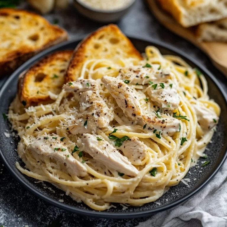 A plate of creamy chicken alfredo pasta garnished with parsley and Parmesan cheese, served with slices of toasted bread.
