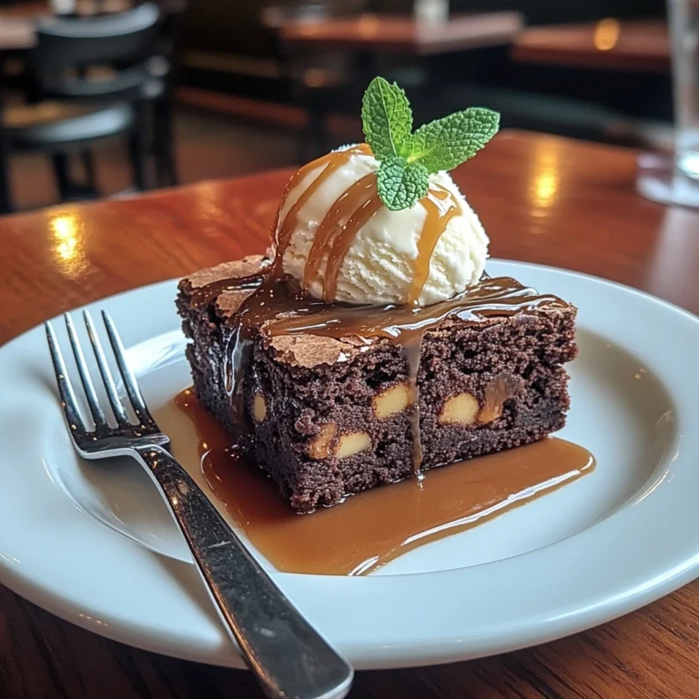"A slice of cookie brownie topped with a scoop of vanilla ice cream and drizzled with caramel sauce, garnished with a mint leaf."