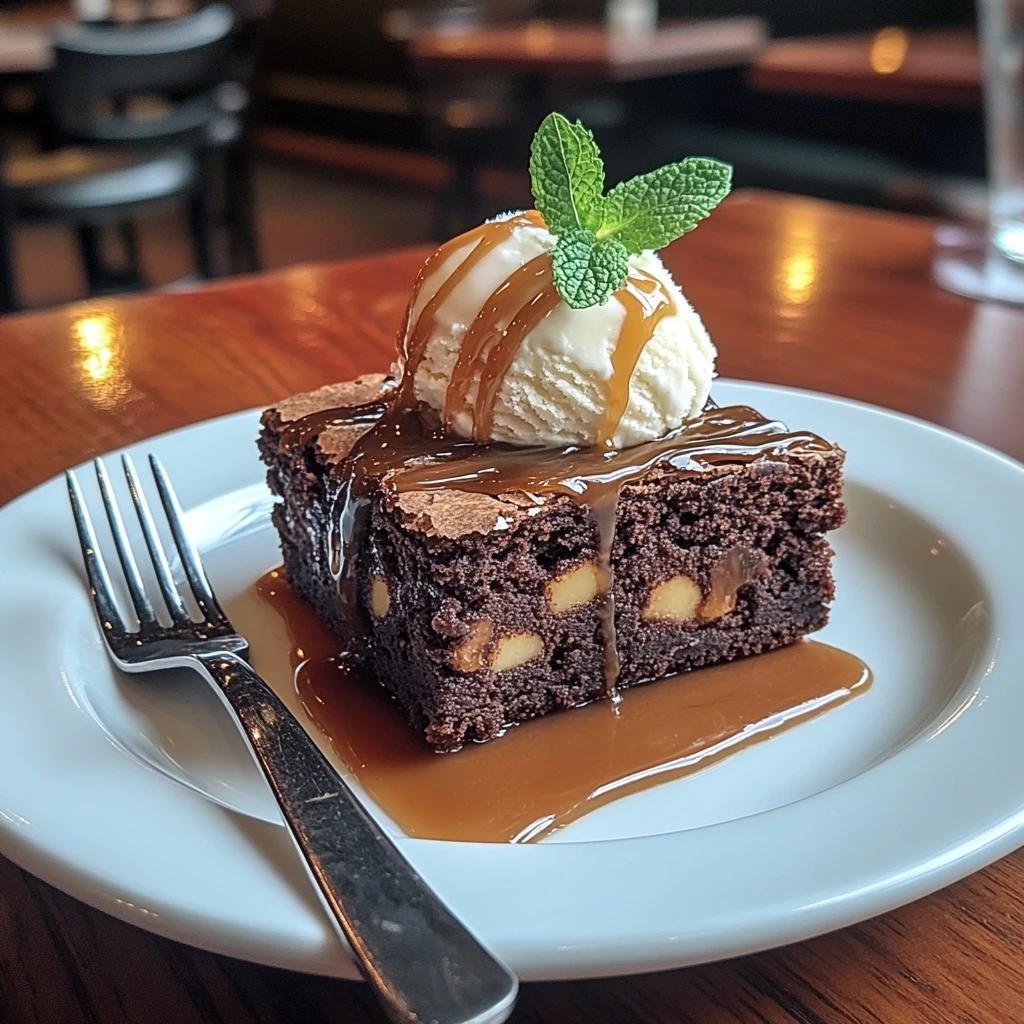 "A slice of cookie brownie topped with a scoop of vanilla ice cream and drizzled with caramel sauce, garnished with a mint leaf."