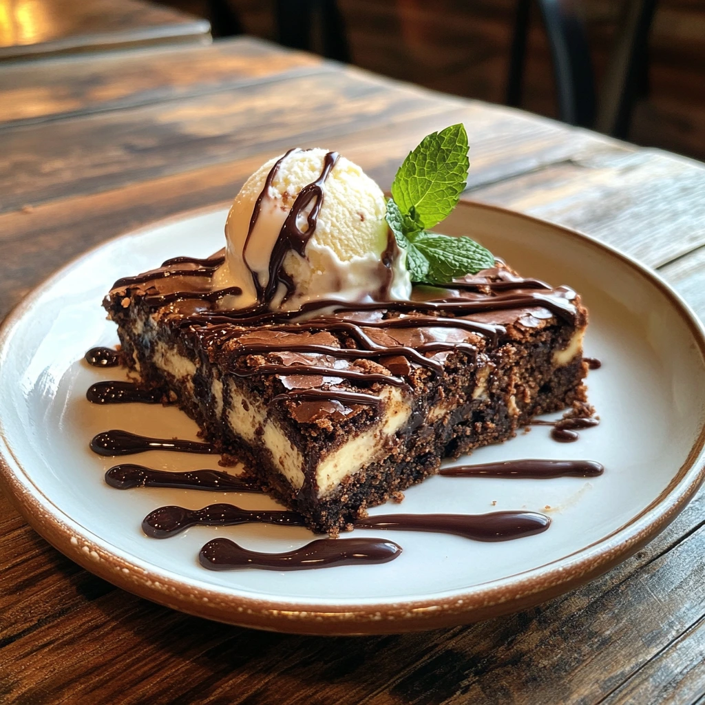 A slice of cookie brownie topped with a scoop of vanilla ice cream, garnished with chocolate drizzle and mint leaves, served on a wooden table.