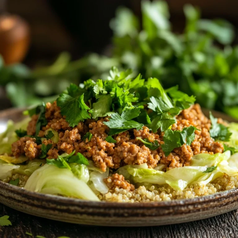 A plated dish of ground turkey and cabbage garnished with parsley, served alongside quinoa on a rustic table setting.