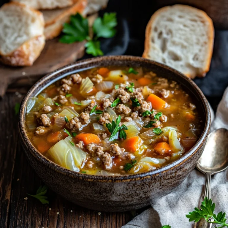 "A bowl of hearty ground turkey and cabbage soup with fresh parsley garnish, served in a rustic ceramic bowl on a wooden table."