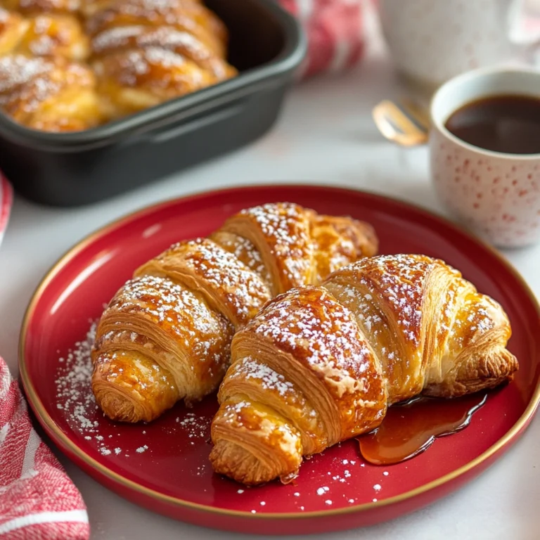 Two golden, flaky croissants dusted with powdered sugar and drizzled with syrup on a red plate, accompanied by coffee and a baking tray of croissants in the background.