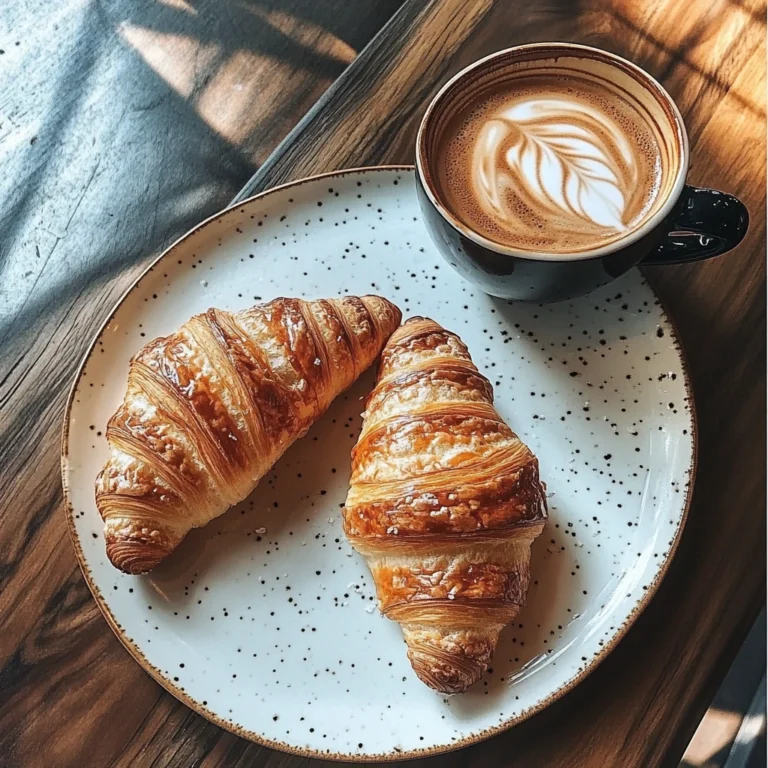 Two golden, flaky croissants on a speckled plate beside a cup of latte with latte art, placed on a wooden table in soft natural light.